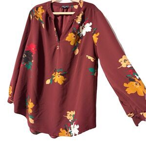 Madison Curvy Long Sleeve Top Plus Size 2X Floral Blouse Split Neck Button Cuff